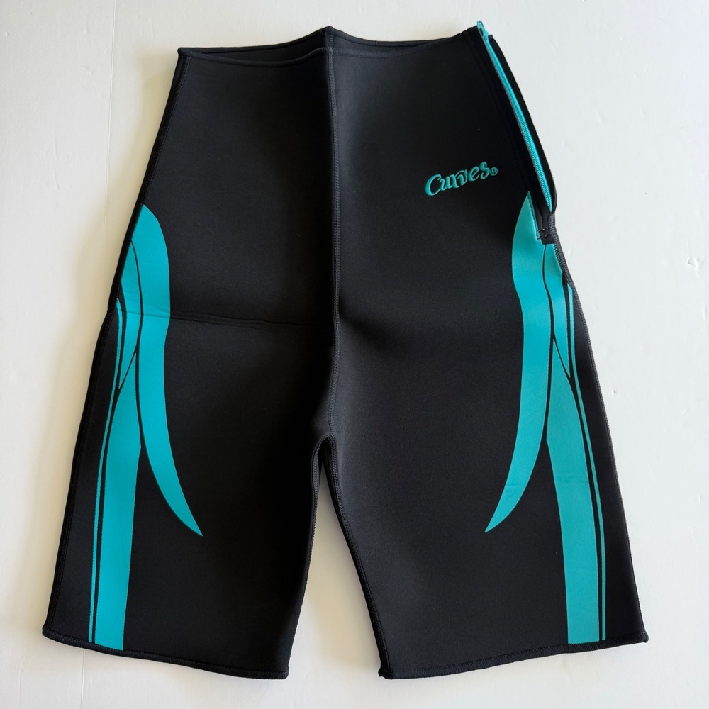 Curves Women Black Teal Neoprene Sweat Shorts High Waist Slimming Workout M